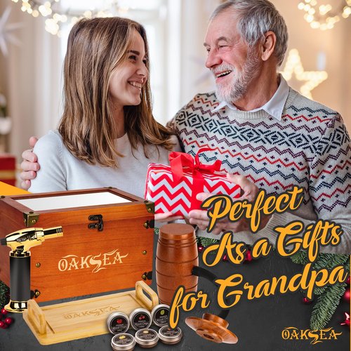 Old Fashioned Smoker Kit, Whiskey Smoker Kit, Gifts for Men Dad Him Stocking Stuffers, Smoker Box with Food Tray, 6PCS Flavor Wood Chips, Cocktail Smoker Kit (Butan Not Required)