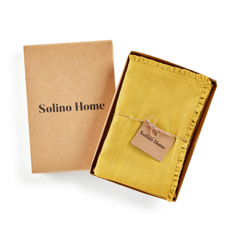 Solino Home Mustard Yellow Linen Dinner Napkins 20 x 20 Inch - 100% Pure Linen Juliette Ruffle Cloth Napkins Set of 4 for Spring, Summer, Mothers Day - Handcrafted and Machine Washable