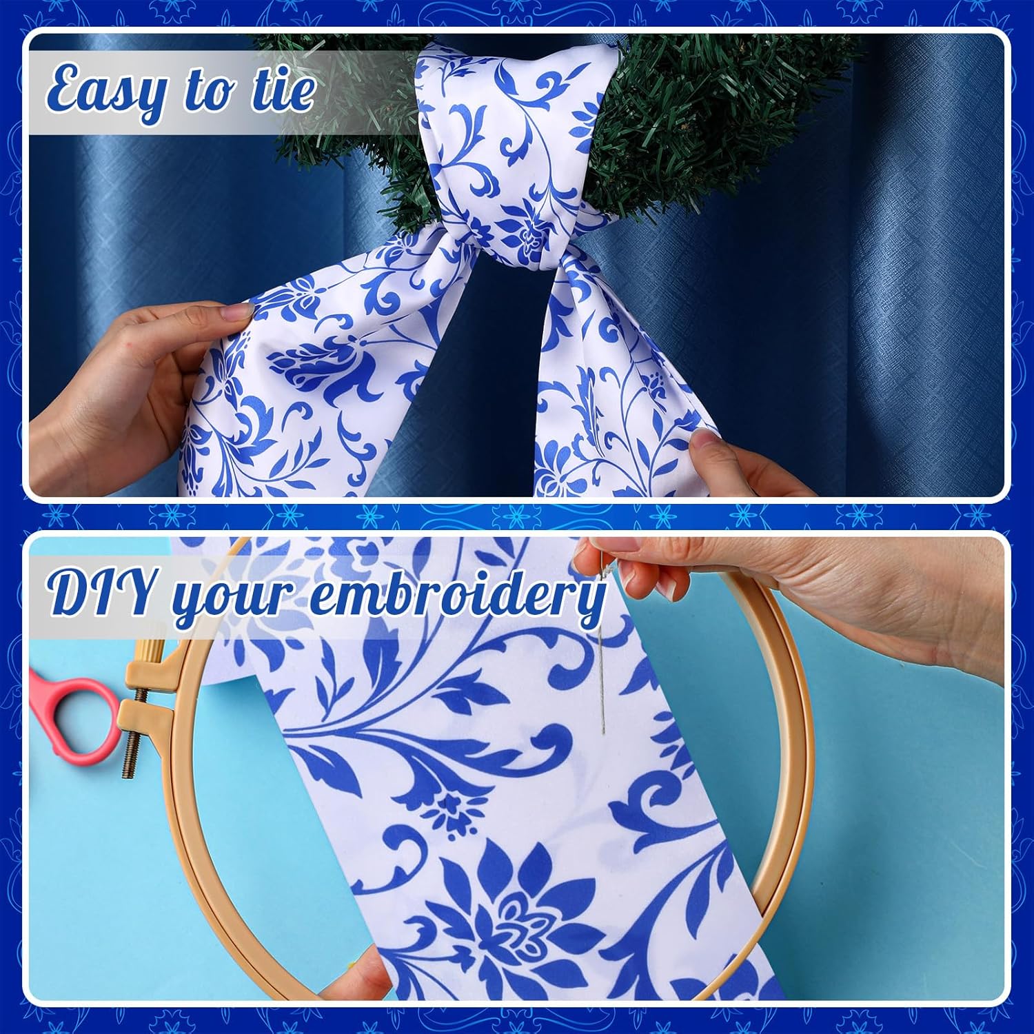 VitalCozy Wreath Sash Set - Elegant Blue Chinoiserie Ribbon for Indoor/Outdoor Decor | 4.5" W x 56" L