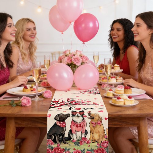 Amreich Valentines Day Dog & Love Tree Table Runner - Dating Dinner Anniversary Wedding Valentine's Table Decor for Home Party Favors 13 X 72 Inch