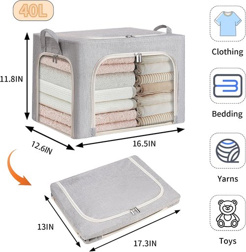 Combocube Clothes Storage Bins - Stackable & Foldable with Zippered Openings | 3-Pack Linen Fabric with Clear Window