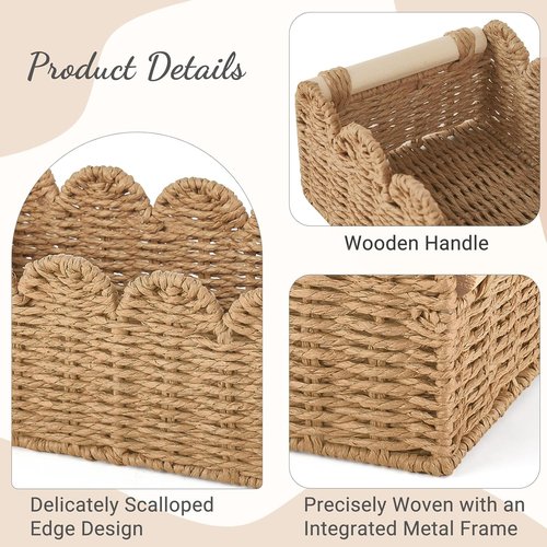 Dahey Toilet Paper Storage Basket - Woven Paper Rope Design with Scalloped Edge | 2 Pcs for Bathroom & Home Decor
