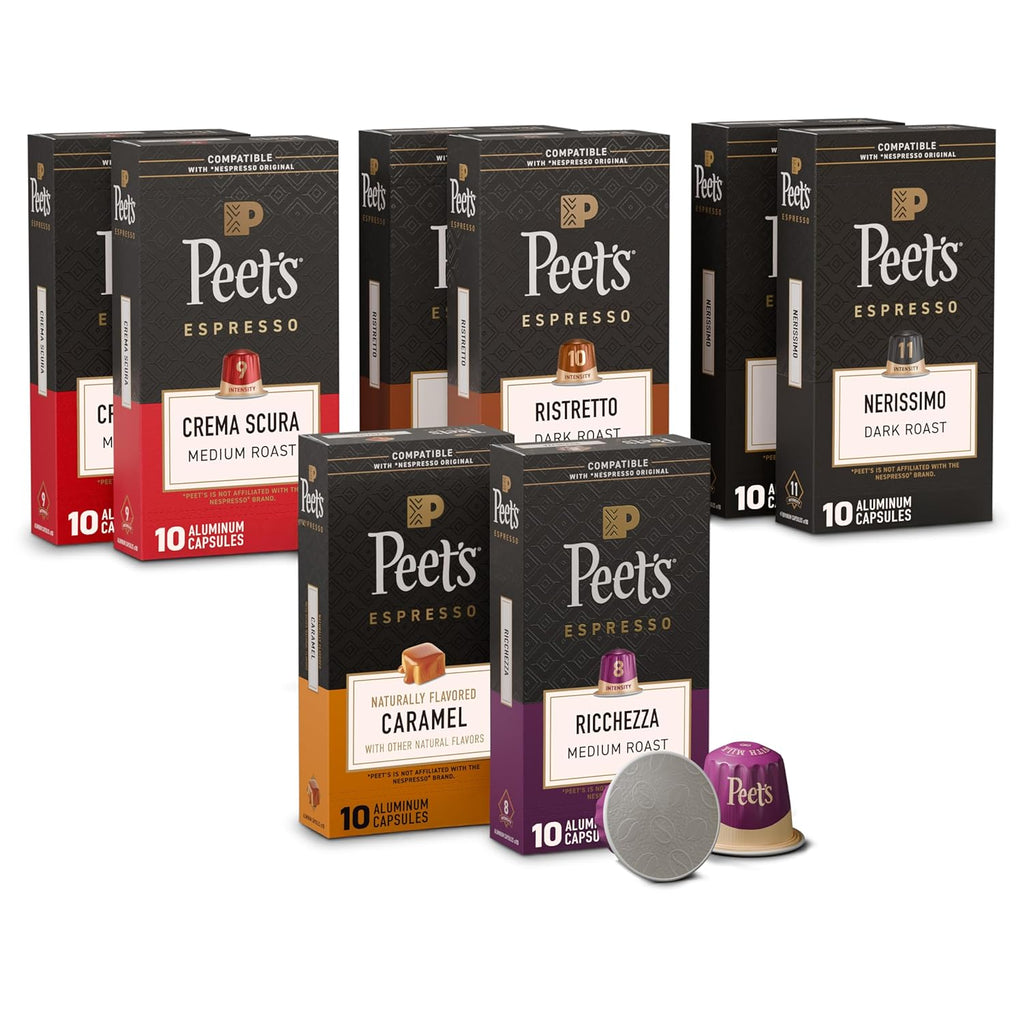 Peet's Coffee Dark Roast Espresso Capsules Variety Pack - Compatible with Nespresso, 80 Count (8 Boxes of 10)