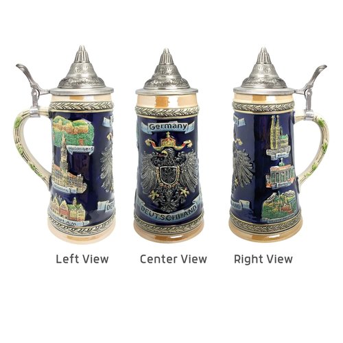 Essence of Europe Gifts 0.7 Liter Deutschland German Beer Stein with Lid - Tankard Blue Hand Painted Engraved Cities of Germany Mug Beer Steins - Tankard Beer Mug