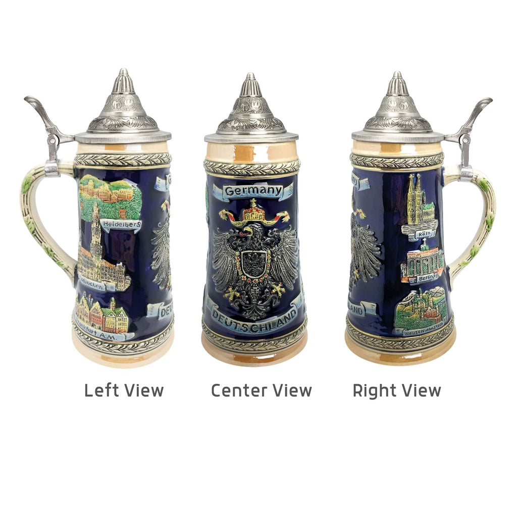 Essence of Europe Gifts 1 L Deutschland German Beer Stein with Lid – German Adler (Eagle) Tankard Hand Painted Engraved Cities Beer Stein Mug - Stein Mug By E.H.G