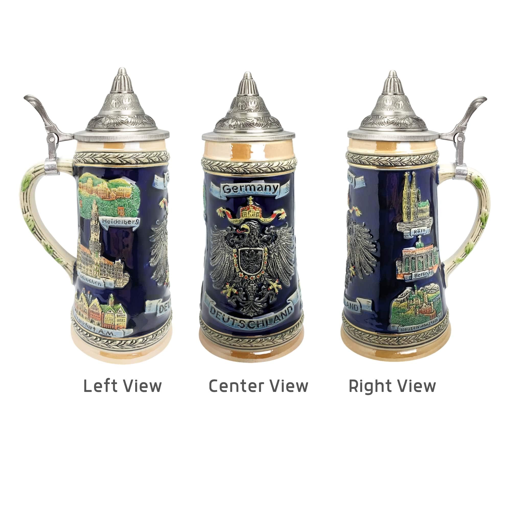 Essence of Europe Gifts 1 L Deutschland German Beer Stein with Lid – German Adler (Eagle) Tankard Hand Painted Engraved Cities Beer Stein Mug - Stein Mug By E.H.G