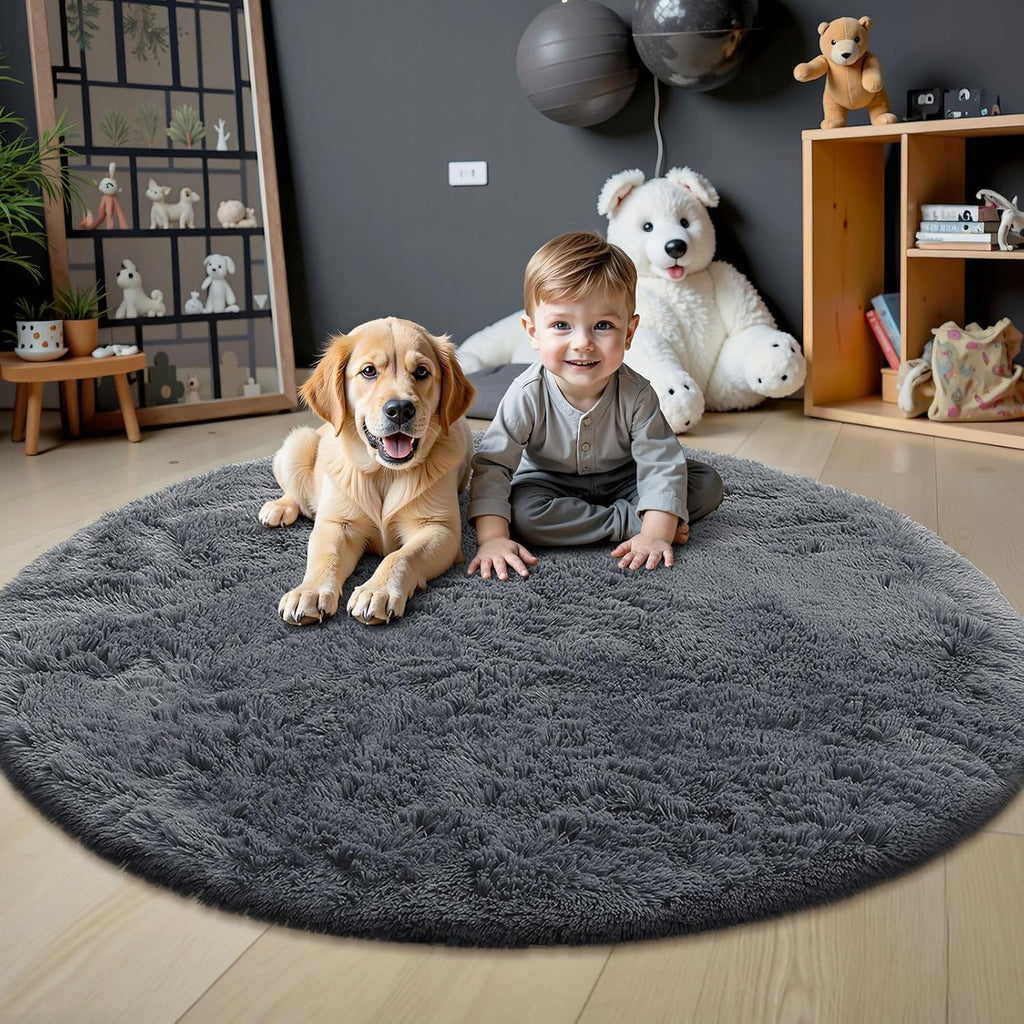 OLANLY Grey Round Area Rug - Soft, Fluffy, Machine Washable 8 ft Circle Carpet for Bedroom & Living Room Decor