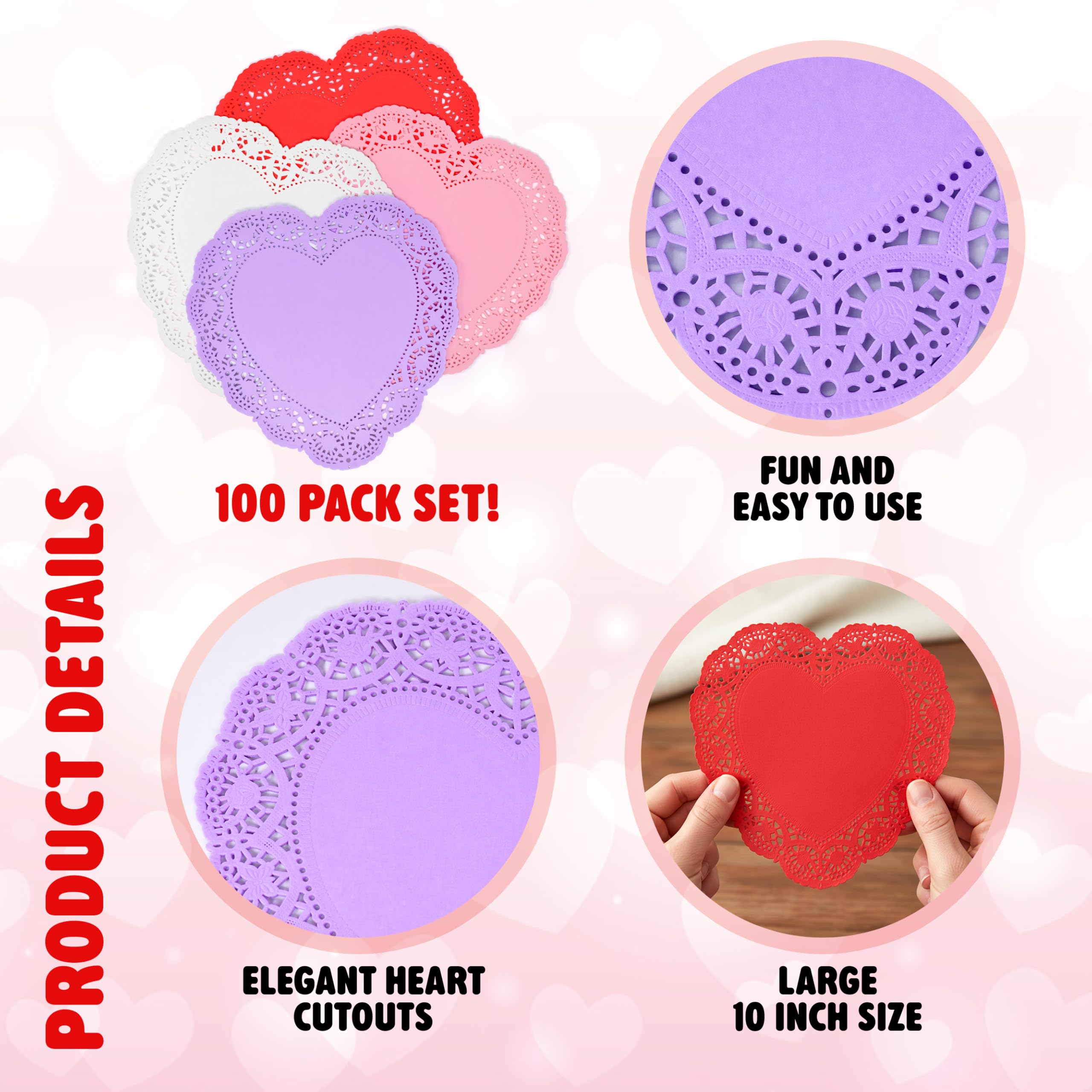 Gift Boutique 10 Inch Heart Doilies, 100 Count Large Valentine Paper Doily Set in Red Pink White & Purple for Table Décor and Crafts