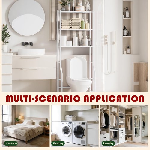 GloTika 3-Tier Over Toilet Storage Rack, Metal Over Toilet Bathroom Organizer Shelf, Freestanding Space Saver Storage Shelves for Bathroom/Laundry/Living Room (White)