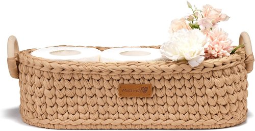 Handwoven Basket by [Brand Name] - Stylish Toilet Paper Storage with Wooden Base & Handles | Boho Decor (Brown)