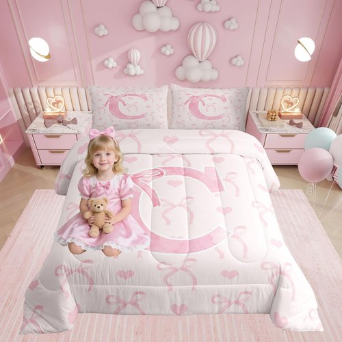 Erosebridal Initial Alphabet C Bedding Set Full Size for Kids Girls Pink Letter Comforter Set Aesthetic Coquette Bowknot Comforter Geometric Butterfly Knot Room Decor Warm Cute Love Heart Duvet Quilt