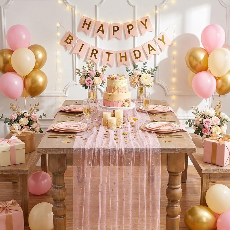 Pink Gold Gauze Table Runner 3pcs - Pink Gold Sparkling Cheesecloth Party Centerpieces (Variation: Pink Gold+29"x120" 3pcs)