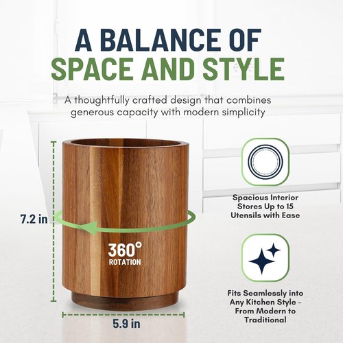 Linda's Essentials Acacia Wooden Utensil Holder - 360° Rotating Non-Slip Design | 7.2" Kitchen Organizer
