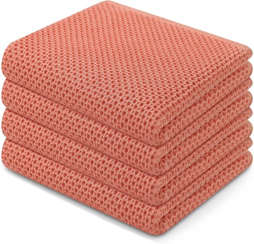 Homaxy 100% Cotton Waffle Weave Kitchen Dish Towels - Ultra Soft & Absorbent, 13 x 28 Inches, 4-Pack | Coral