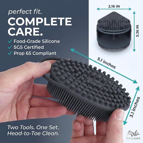 Avilana Premium Silicone Body Scrubber - SGS Certified Dual-Sided Bath Brush for Sensitive Skin | Quick-Dry Exfoliating Loofah Alternative