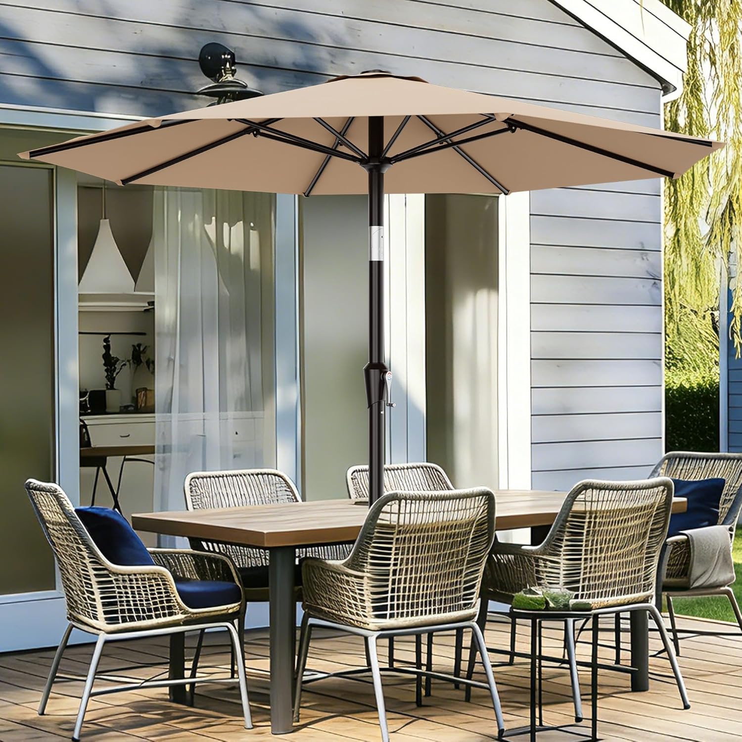 AreShark 9 FT Patio Umbrella - Outdoor Table Umbrella with Push Button Tilt & Crank | Beige, 8 Sturdy Ribs