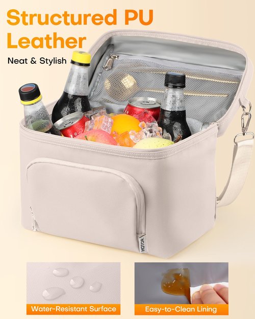HOTOR Lunch Box for Women - Insulated Lunch Bag with Spacious 8L Capacity, PU Leather Cooler Bag, Water-Resistant & Easy to Clean, Ideal for Work or Everyday Use, Beige, 10.0" x 8.6"x 5.9"