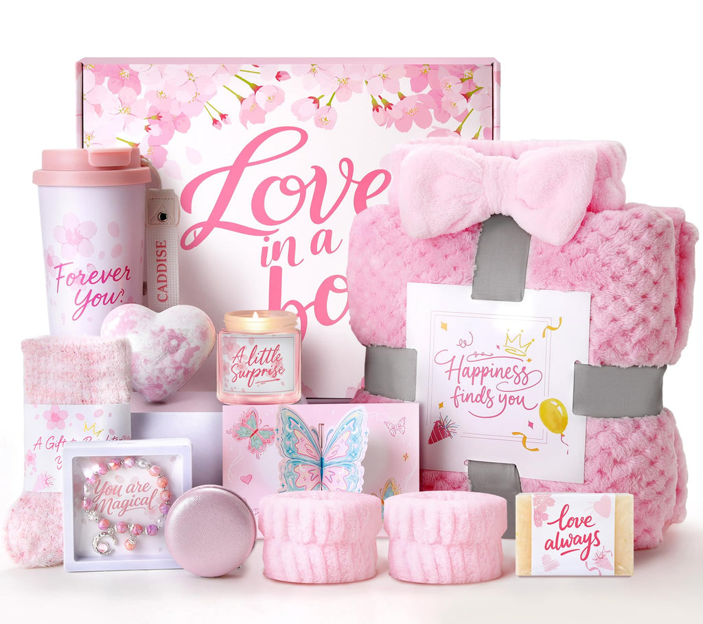 Birthday Gifts for Women, Gift Basket for Mom Wife Sister Her Friends, Luxury Self Care Spa Set with Blanket, Thank You Get Well Soon Box for Mother Valentine Day