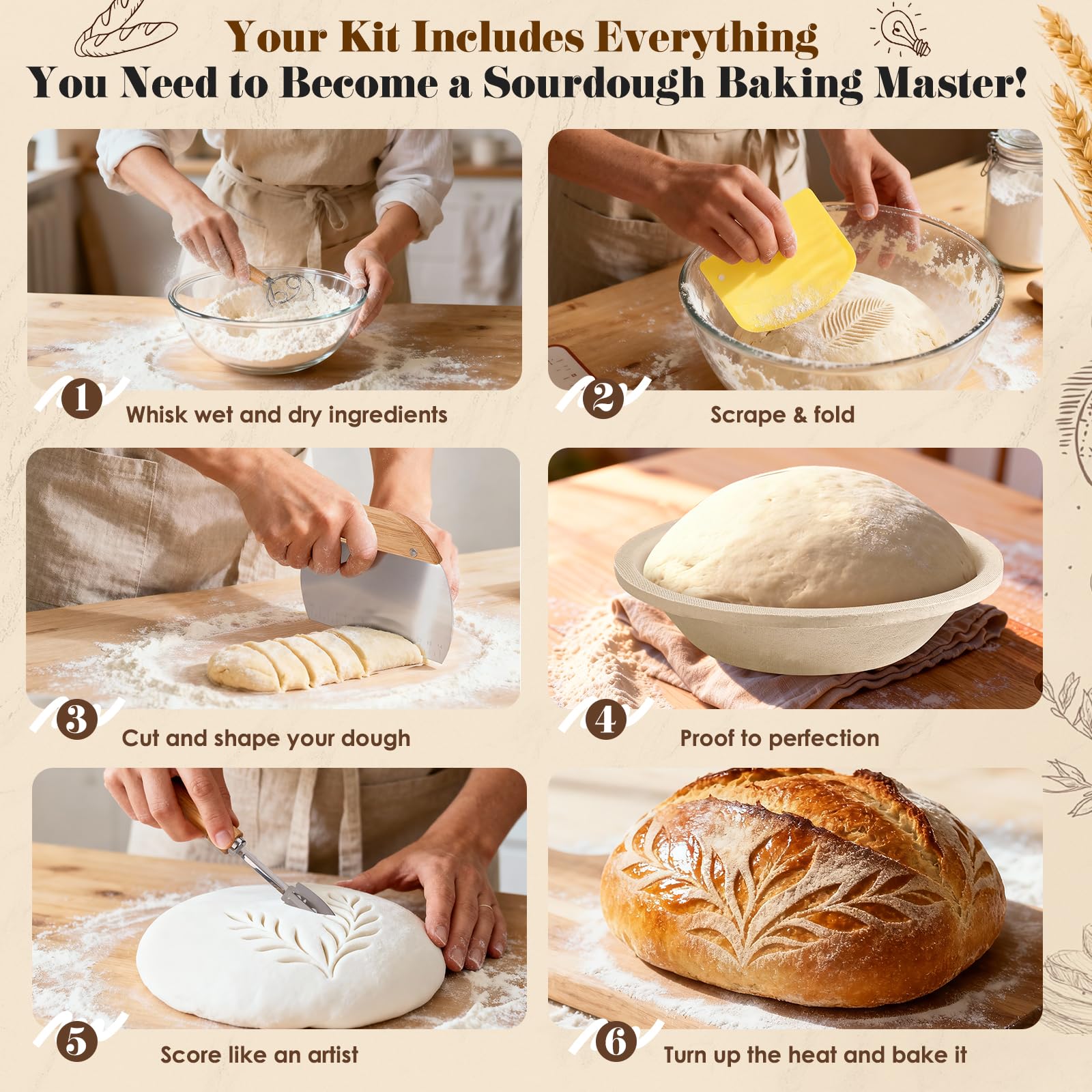 Sourdough Starter Kit with Aliquot Jar, Wood Pulp 9" Round & 10" Oval Bannetons & 34 oz Sourdough Starter Jar & Bread Sling Scrapers & Bag Complete Sourdough Baking Supplies