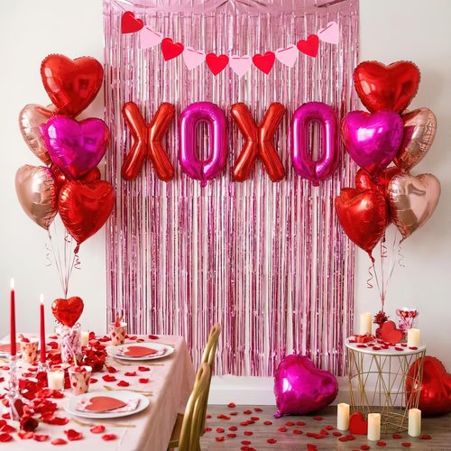 Valentine's Day Decorations Set - Red & Pink Heart Foil Balloons, XOXO Letter Balloons, Rose Gold Fringe Curtains, Heart Garland & 300 Rose Petals for Anniversary Proposal Wedding Special Night Party