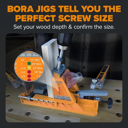 BORA Automatic Pocket Hole Jig Kit - Auto Adjusting Drill Guide with 50 Color-Coated Screws | For 1/2" to 1 1/2" Thick Materials