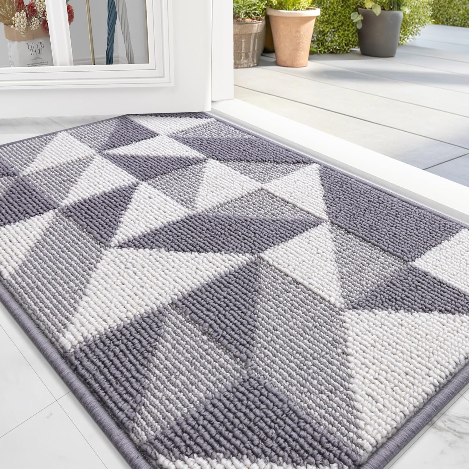 OLANLY Indoor Door Mat - Washable, Odor-Free, Low-Profile Geometric Design | 32x20 Grey Entryway Carpet