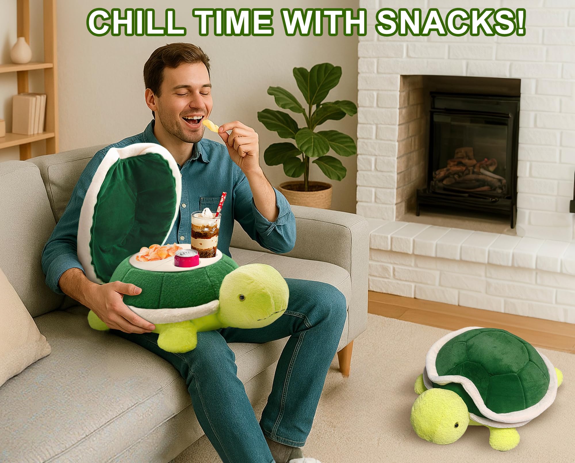 Couch Cup Holder Pillow Tray & Caddy,Headrest and Giant Turtle Stuffed Animal-For Sofa, Bed, Car，Camping, Double Smooth zippers for the shell, soft plush.Spill-Proof Machine Washable tray (23inches）