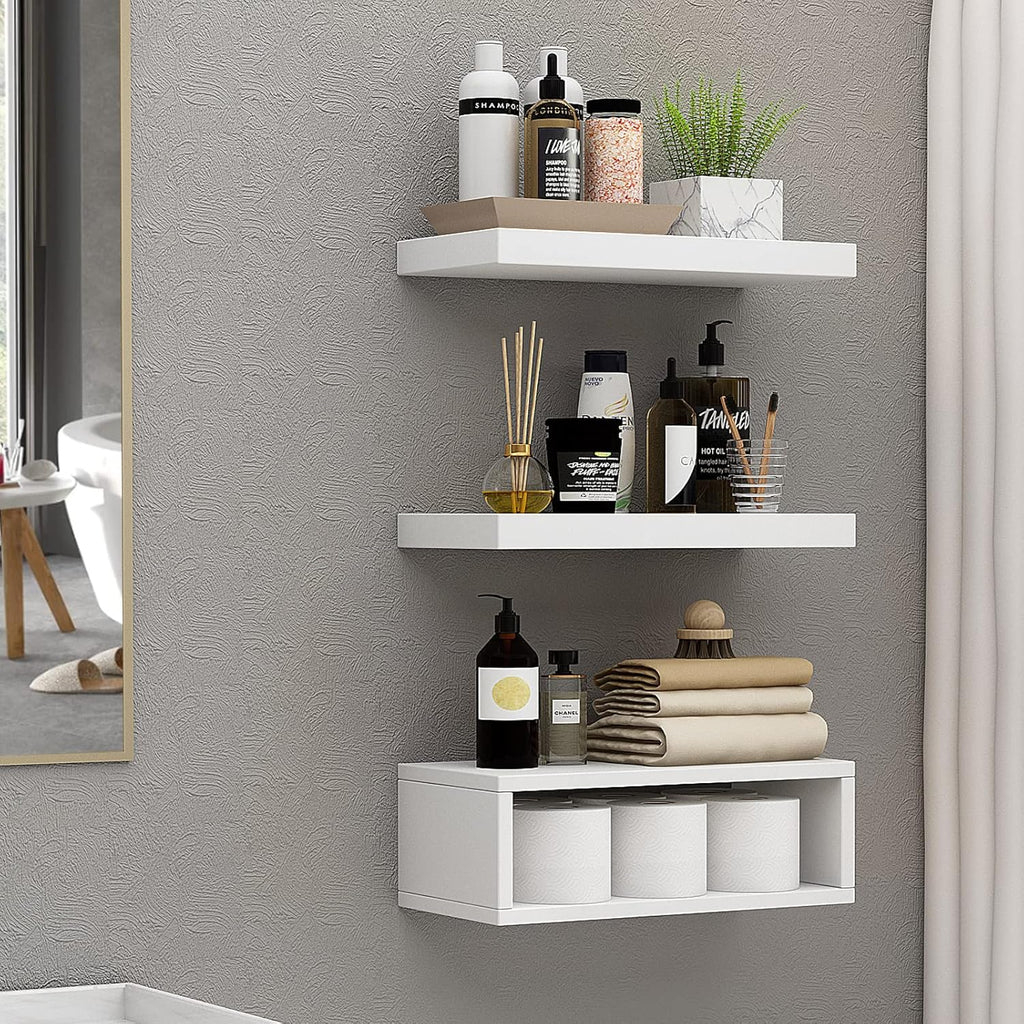 RANK Bathroom Shelves Over Toilet - Wall Mounted Floating Storage for Toilet Paper | Set of 3, 16 Inch, White