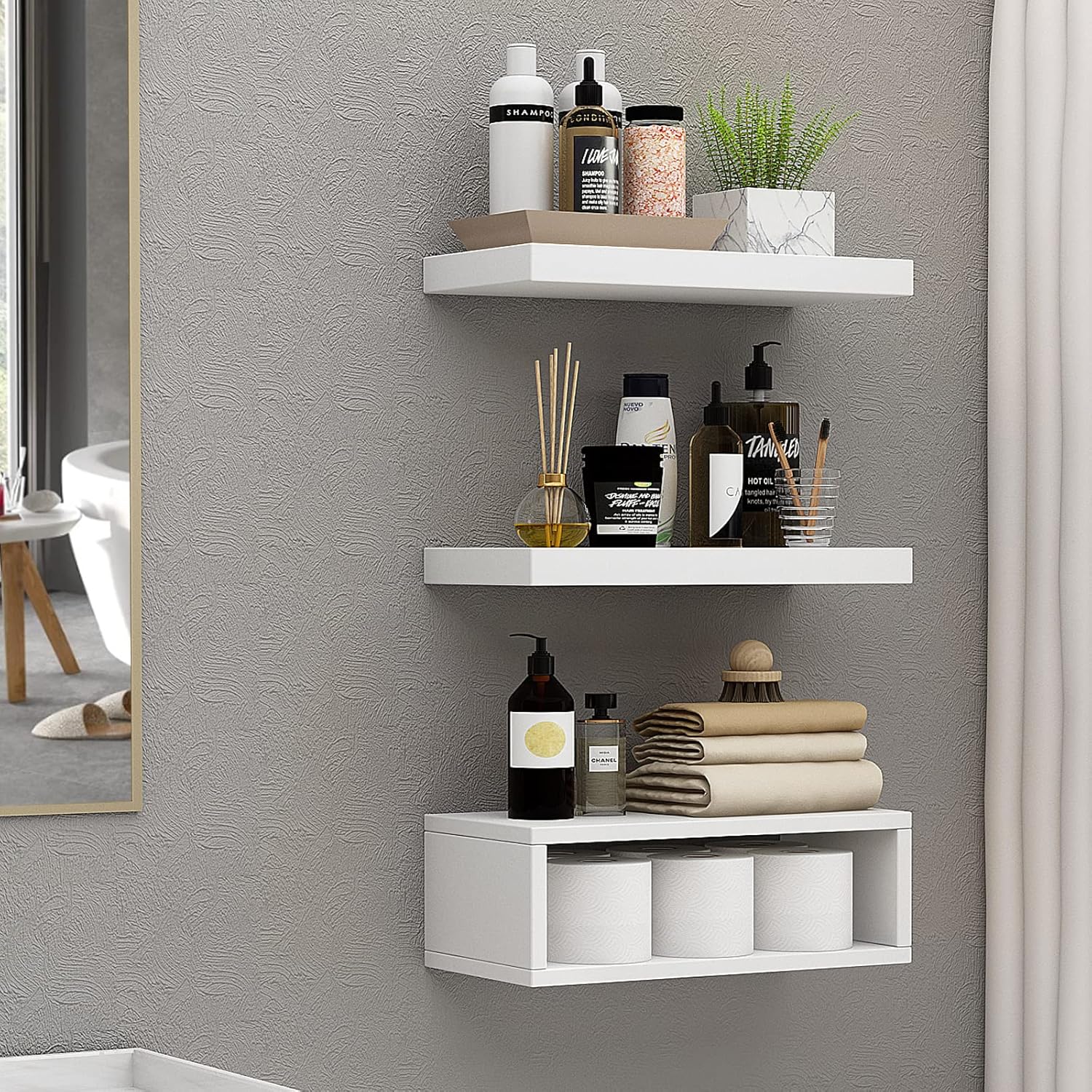 RANK Bathroom Shelves Over Toilet - Wall Mounted Floating Storage for Toilet Paper | Set of 3, 16 Inch, White