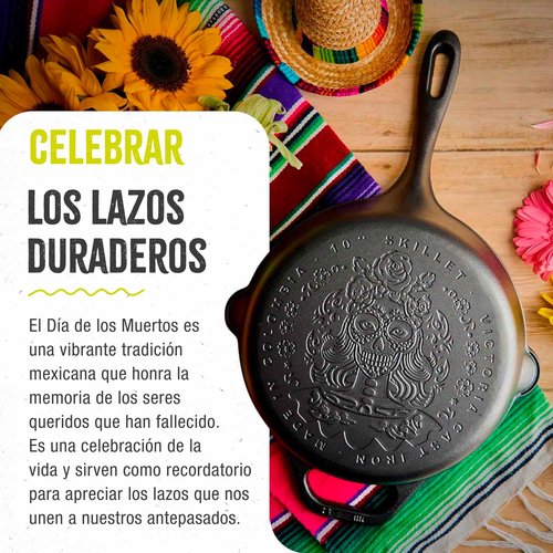 Victoria 10-Inch Day of the Dead La Catrina Cast Iron Skillet, Dia de los Muertos Seasoned Cast Iron Frying Pan with Long Handle, Made in Colombia