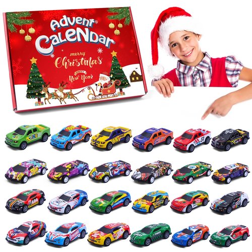 Bupelo Christmas Advent Calendar 2025, Christmas Advent Calendar with Pull-Back Racing Car Toys, 24 Days Christmas Countdown Calendar Gifts for Kids, Christmas Party Favor, Classroom Prizes Xmas Gift
