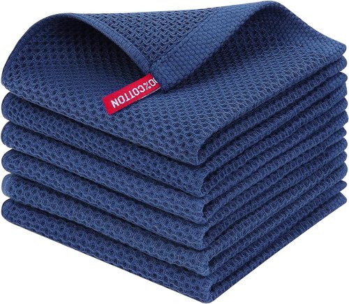 Homaxy 100% Cotton Waffle Weave Dish Cloths - Ultra Soft & Absorbent Kitchen Towels | 12 x 12 Inches, Navy Blue, 6-Pack