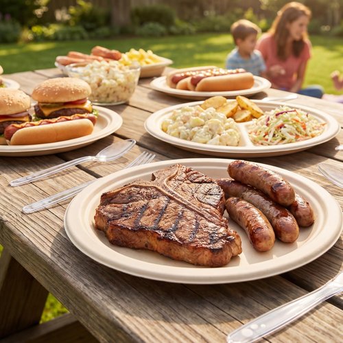 9 Inch Heavy Duty Disposable Plates and Plastic Silverware Set-600 PCS Include Compostable Paper Plates,Plastic Forks,Spoons,Knives (150 Each),BPA-Free,Suitable for Wedding,Holiday,Party,Catering