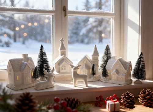 WANCHIY Christmas Village Sets- 13 Pieces Indoor Christmas Decorations, White Ceramic Village Houses Set of 4 with 7 Trees & 2 Deer, Mantel & Room & House Table Decor, Farmhouse Rustic Holiday Decor