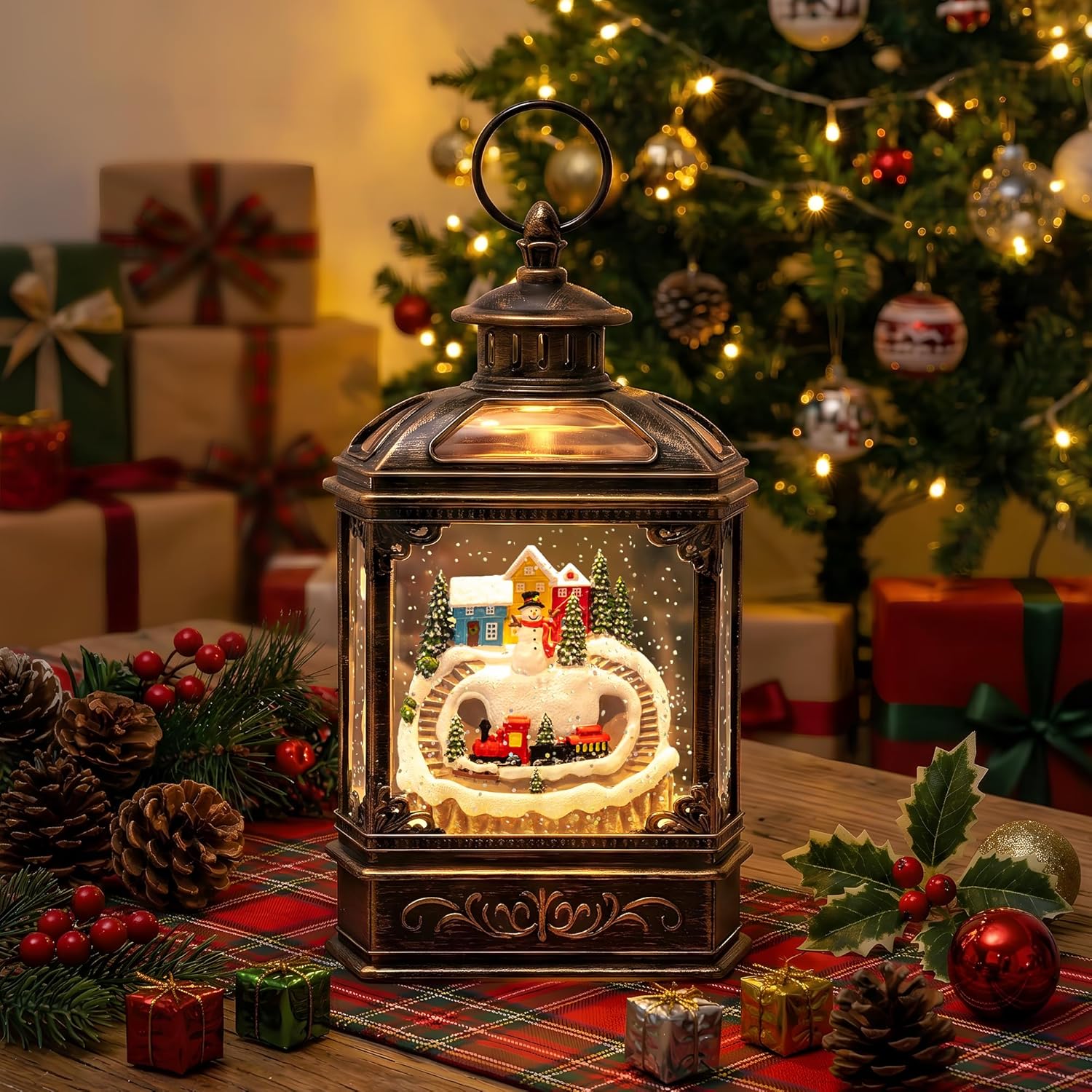 VISFLAIR Christmas Village Snow Globe Lantern - Musical Lighted Snowman & Train | Battery Operated or USB Powered