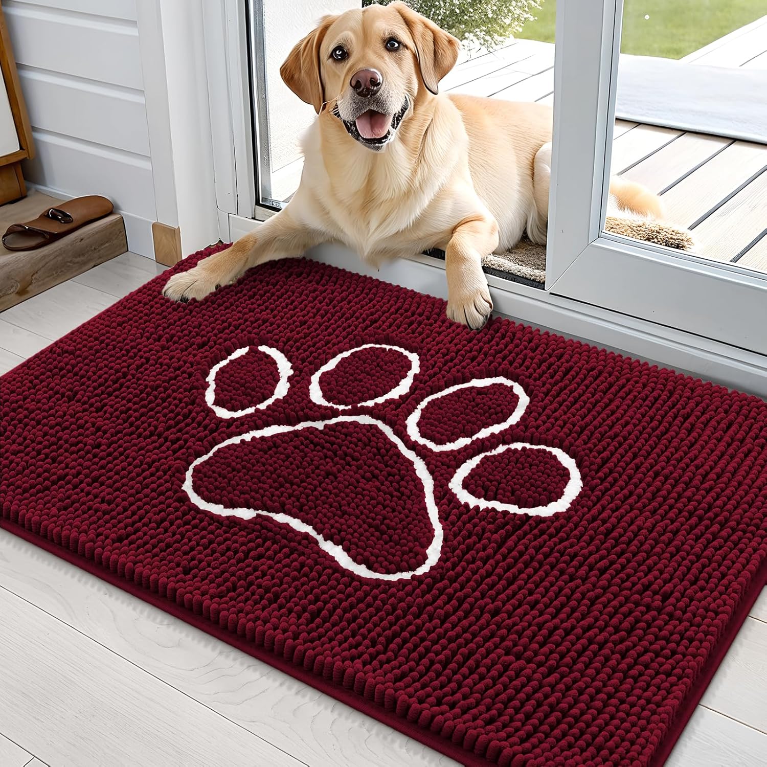 OLANLY Dog Door Mat - Absorbent Non-Slip Mud Mat for Muddy Paws | 36x24 Paw Print Design in Burgundy