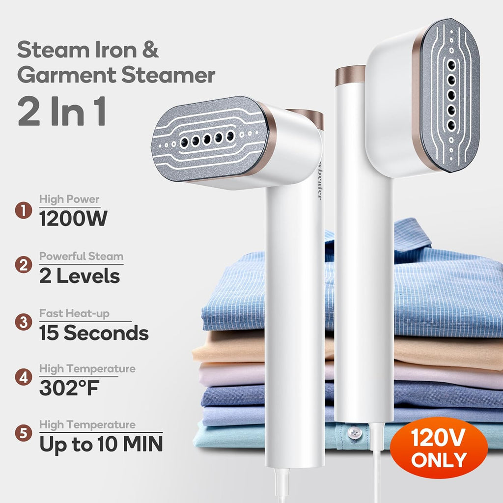 Newbealer Portable Clothes Steamer - 1200W Fast Heat-Up, 2 Steam Levels, Vertical & Horizontal Use, 302°F Wrinkle Remover