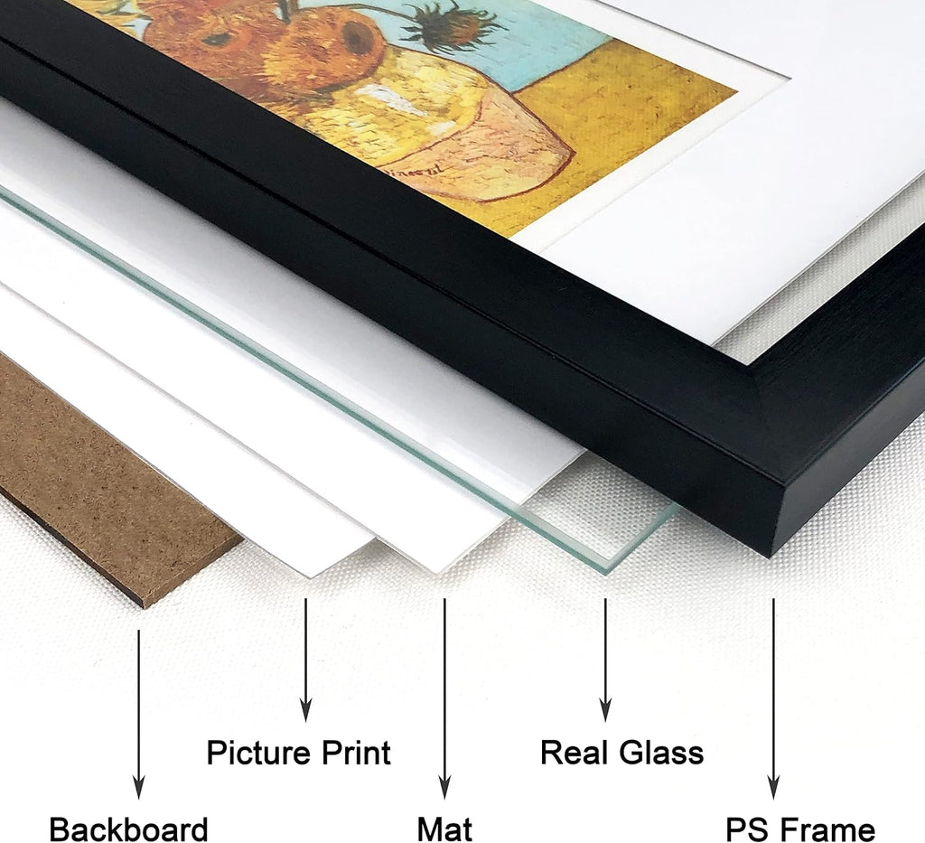Skiennix 11x14 Picture Frame Set of 6 - Real Glass for 8x10 Photos with Mat or 11x14 Without Mat | Black Display Frames