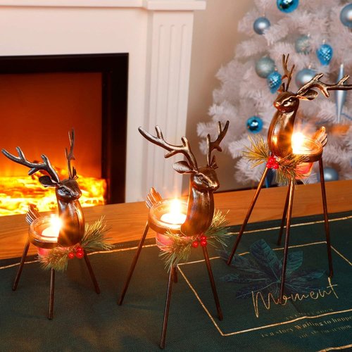 Juegoal Reindeer Tealight Candle Holders Set - Durable Iron Metal Christmas Decorations | Glass Votive Centerpiece