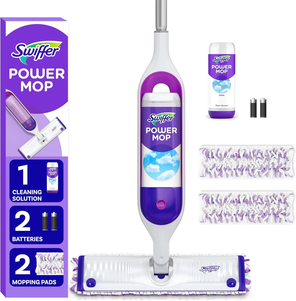 Swiffer PowerMop Multi-Surface Mop Kit - Fresh Scent Cleaning Solution, 2 Refills & Batteries Included