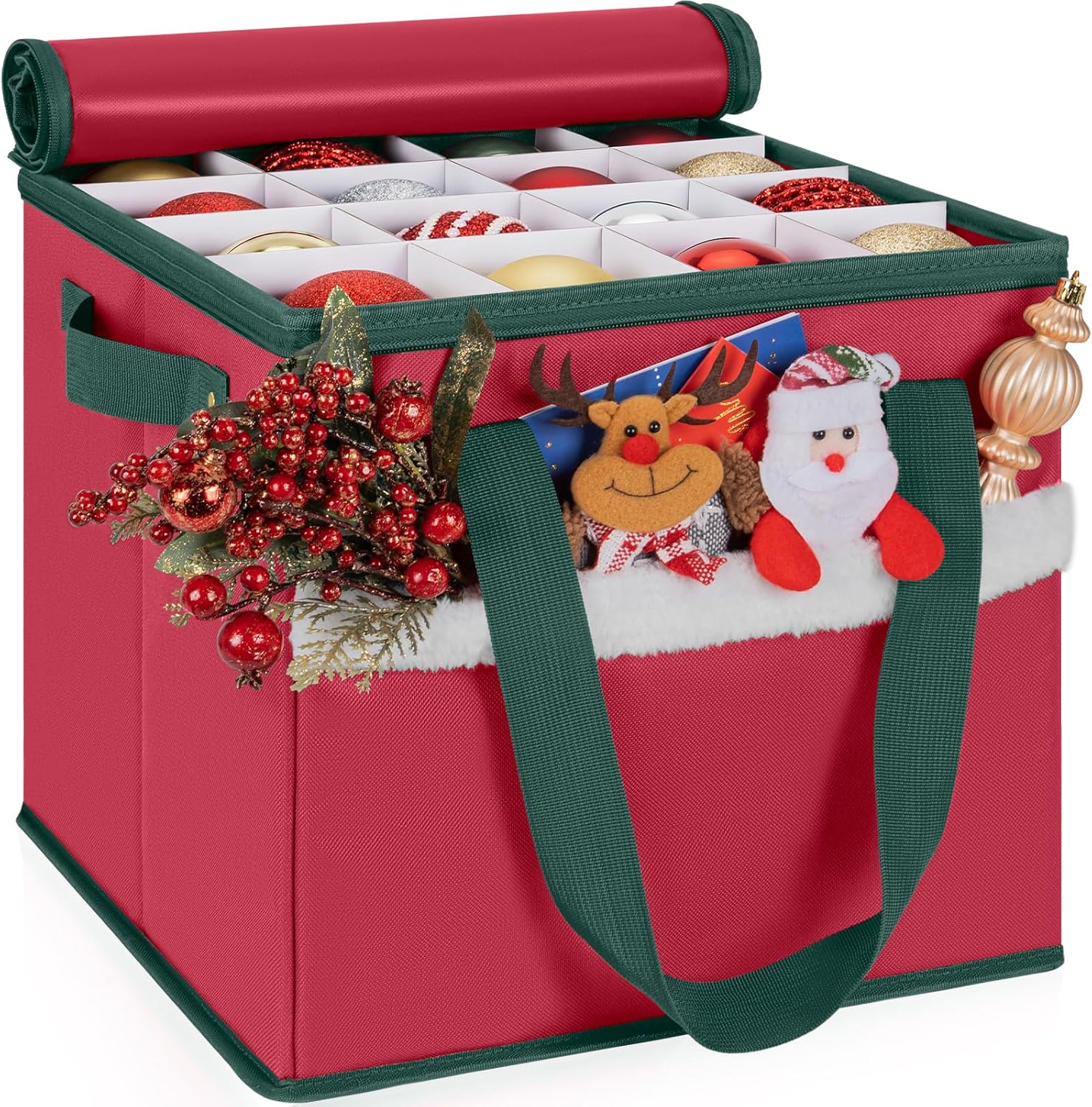 Skiennix Christmas Ornament Storage Box - Adjustable Dividers & Zippered Top | Holds 64 Ornaments (3 Inch)