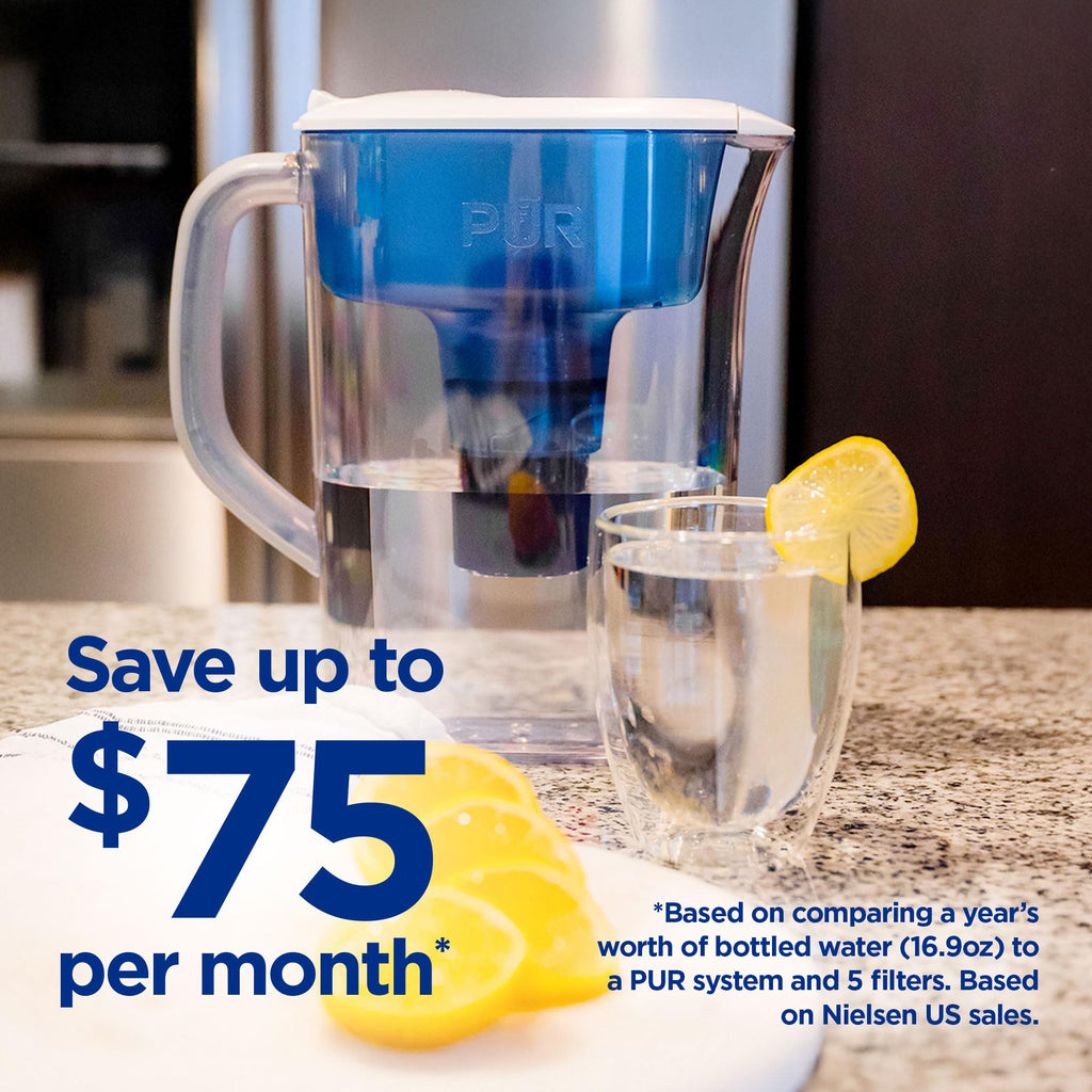 PUR 7-Cup Water Filter Pitcher, Cleaner, Great-Tasting Water, Dishwasher Safe, Powerful, Faster Filtration, LockFit Cap Design - White