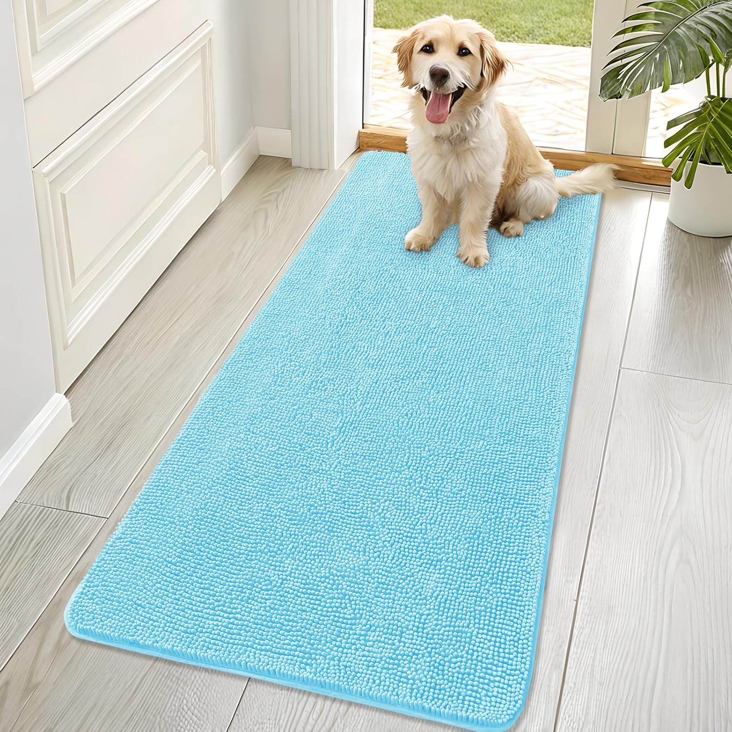 OLANLY Dog Door Mat - Absorbent Non-Slip Chenille Mat for Muddy Paws | 70x32, Quick Dry, Blue