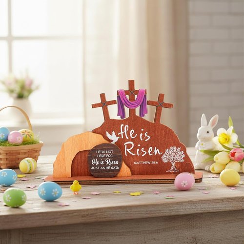 Alcarin He Is Risen Easter Decor - Wooden Resurrection Scene with Cross & Figurines | Christian Tabletop Decoration