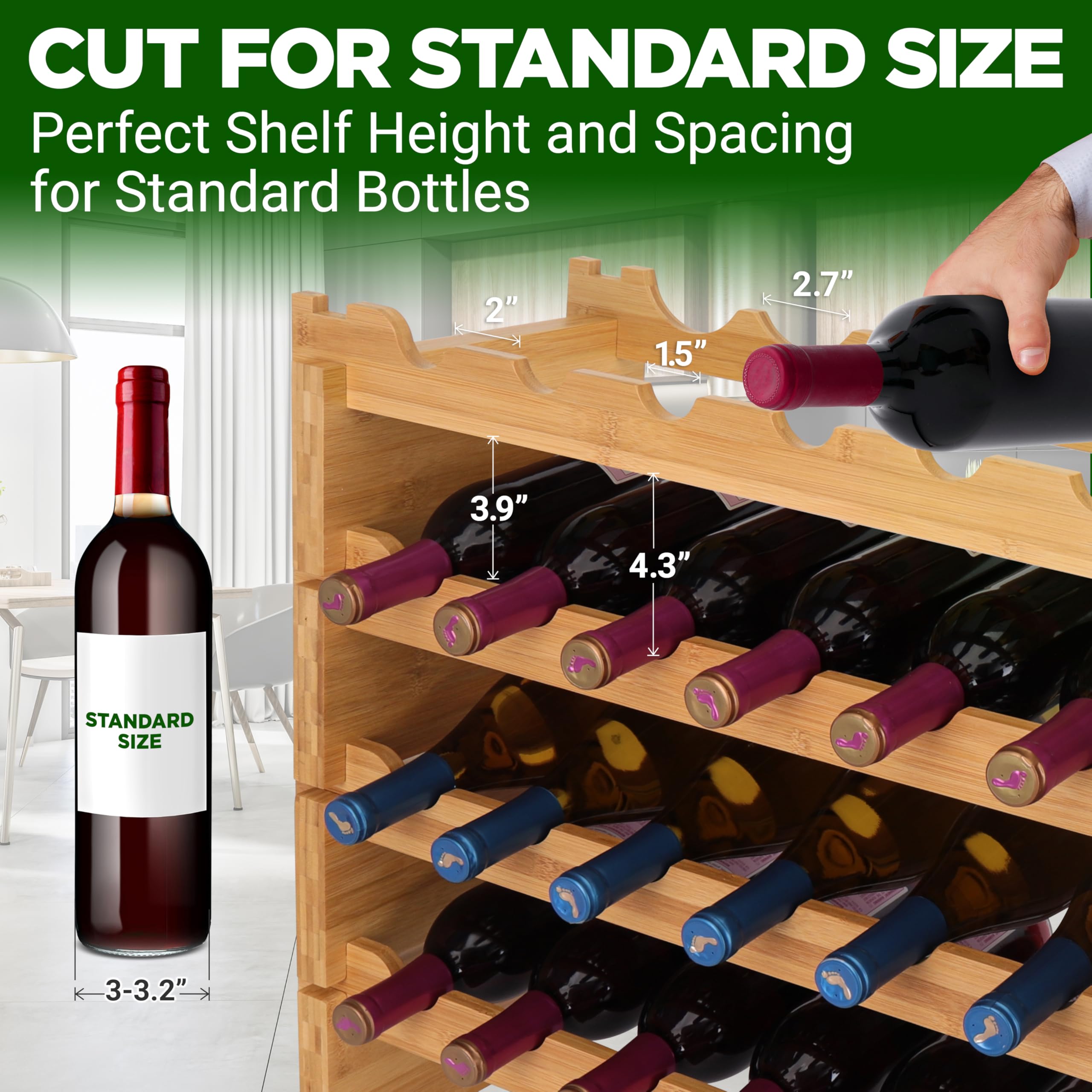 NutriChef 72 Bottle Wine Rack Stackable Bamboo Freestanding, 8-Tier Modular Shelf, Sturdy Wobble Free, Upgraded 2026 Design, Easy No-Tool Assembly for Kitchen, Cellar or Bar Storage 33.5" x 10" x 41"