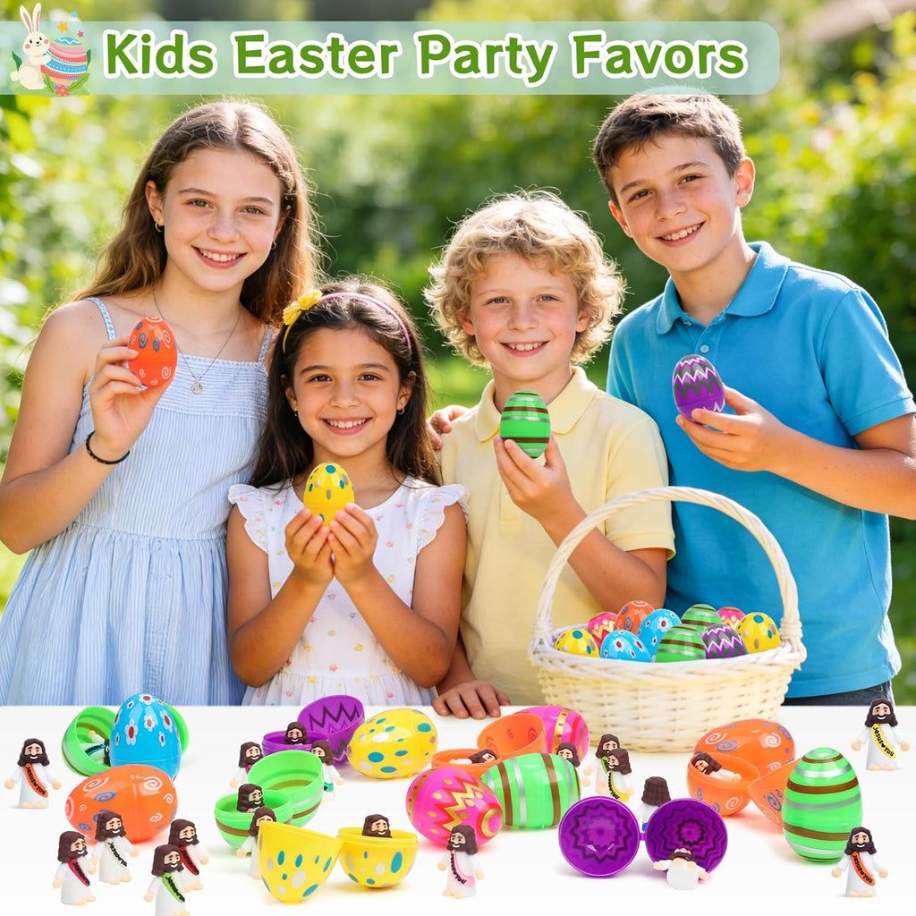 Skiennix Easter Basket Stuffers - 60 PCS Colorful Eggs & Religious Jesus Figurines for Kids