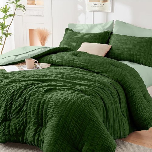 HYMOKEGE Full Size Comforter Set - Dark Green & Sage Green Seersucker | 7-Piece All-Season Luxury Bedding Set