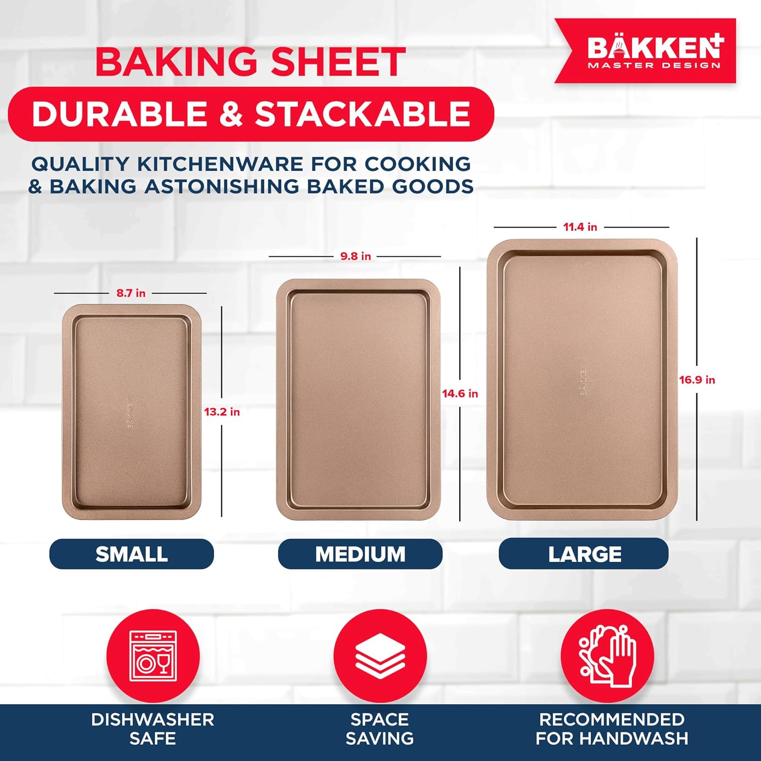 BAKKEN 3-Piece Nonstick Baking Pan Set - Small, Medium & Large Oven Safe Trays, Space-Saving Design, Brown