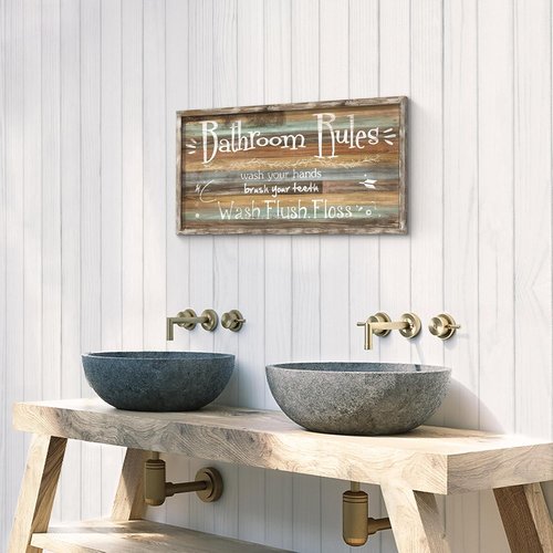 Framed Bathroom Wall Art - Funny Bath Rules Wooden Sign | Rustic Decor for Home & Kids Room
