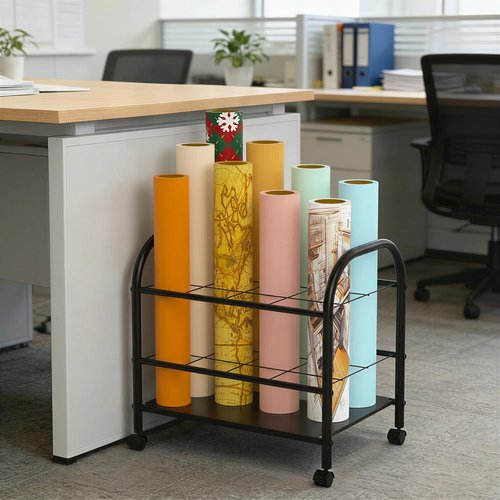 Blueprint Storage Holder with Wheels - 12-Slot Metal Roll File Rack with Silent Casters for Easy Mobility | Black